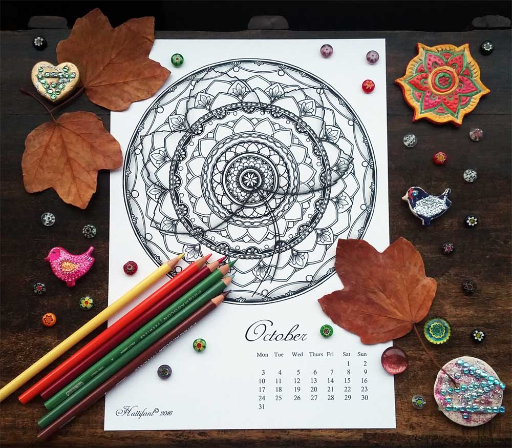 Hattifant Mandalendar Calendar Coloring Page 2016 October