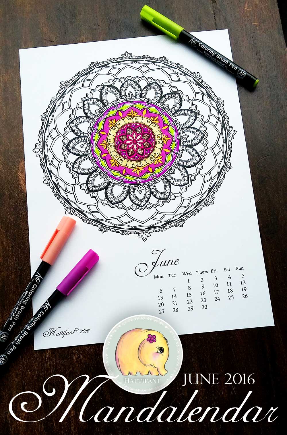 Hattifant Mandalendar Calendar Coloring Page 2016 June