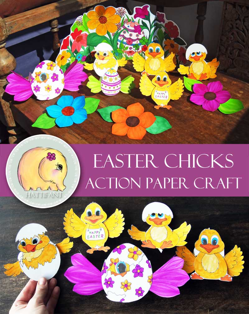 Hattifant Easter Chicks Action Paper Toy Coloring Set