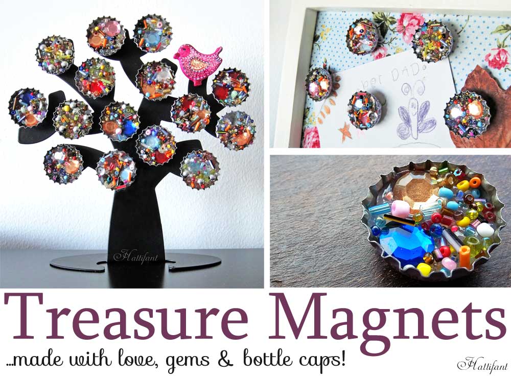 Hattifant Recycle Craft Treasure Magnets with gems and bottle caps