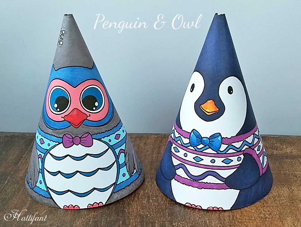 Hattifant's Winter Paper Toy Cones to Color and Craft Owl and Penguin