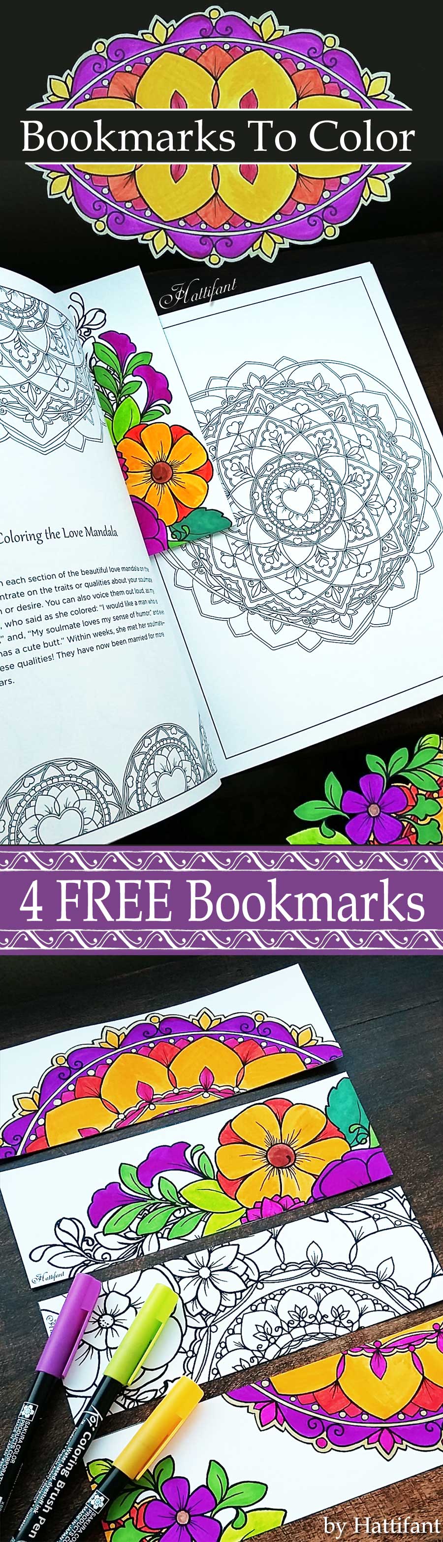 Hattifant's Flower and Mandala Bookmarks to color free printable coloring page