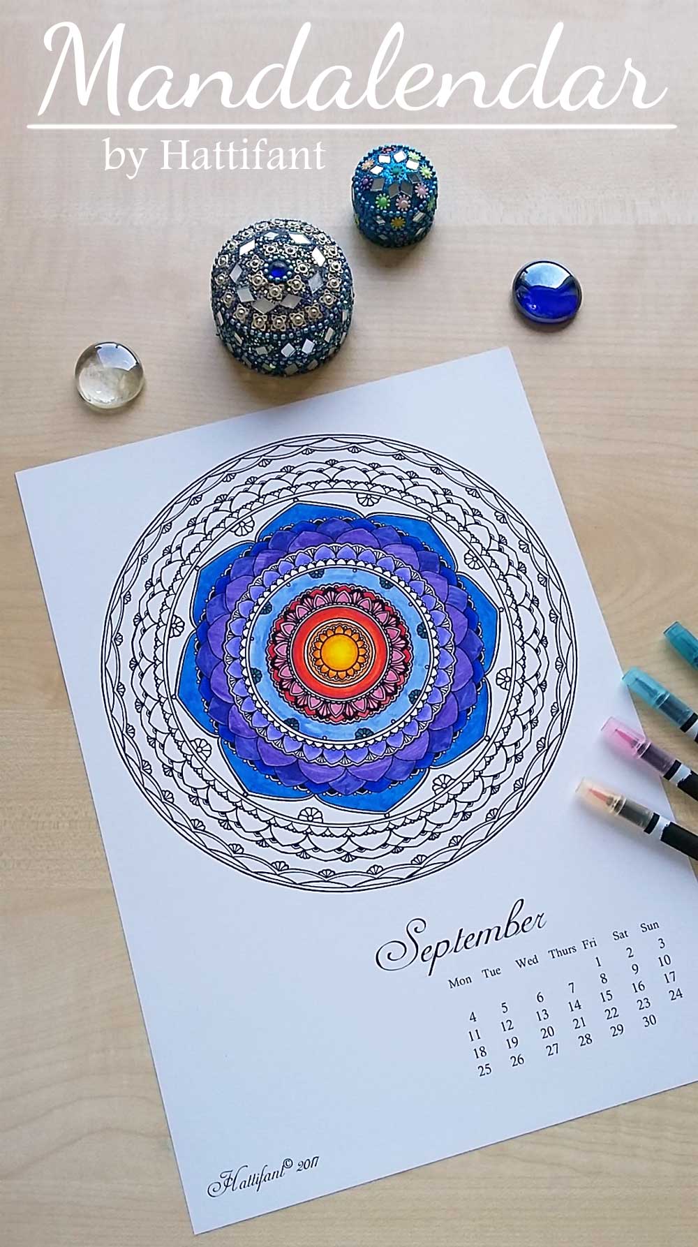 Hattifant's Mandalandar 2017 a Mandala Calendar Coloring Page to download for free during August