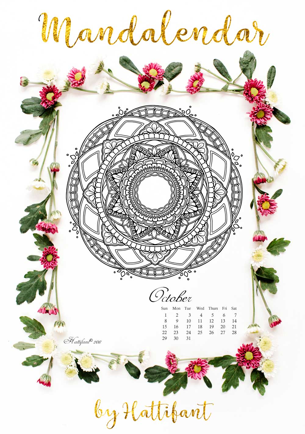 Hattifant's Mandalandar 2017 a Mandala Calendar Coloring Page to download for free during October