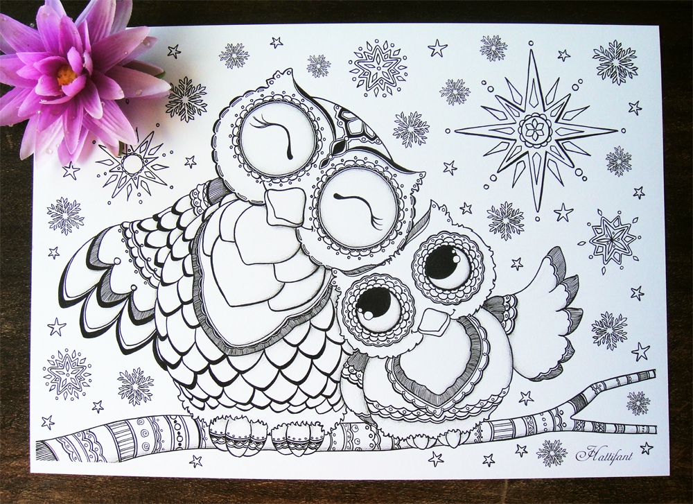 Hattifant's Mama Baby Owl Coloring Page