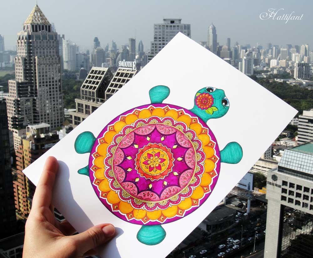 Hattifant's Mandala Turtle to color and craft for adults and grown ups a papercraft or papertoy
