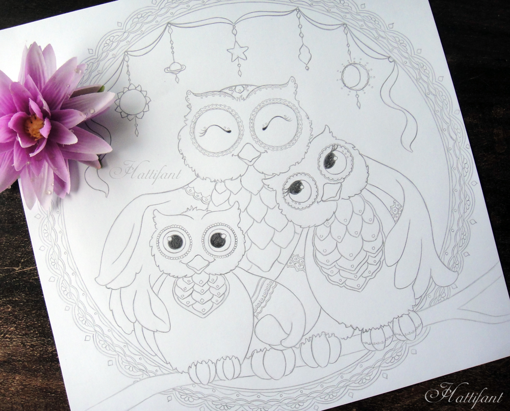 Hattifant's Owl Family Love Coloring Page
