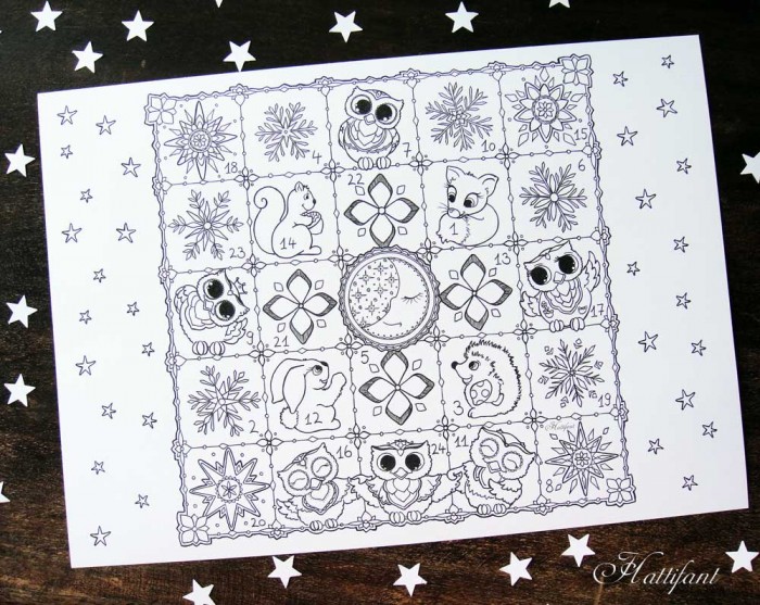 Hattifant Christmas Advent Calendar to color printable coloring page woodland animals owl stars snowflakes