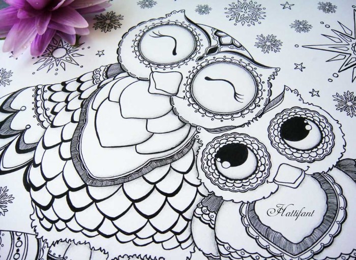 Hattifant Mama and Baby Owl Coloring Page and stationary