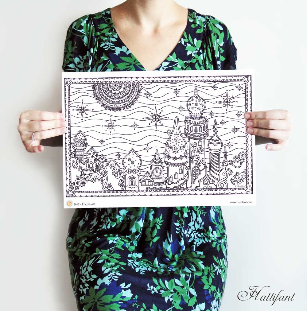 Hattifant New Year City Skyline Coloring Page A3 Poster Size