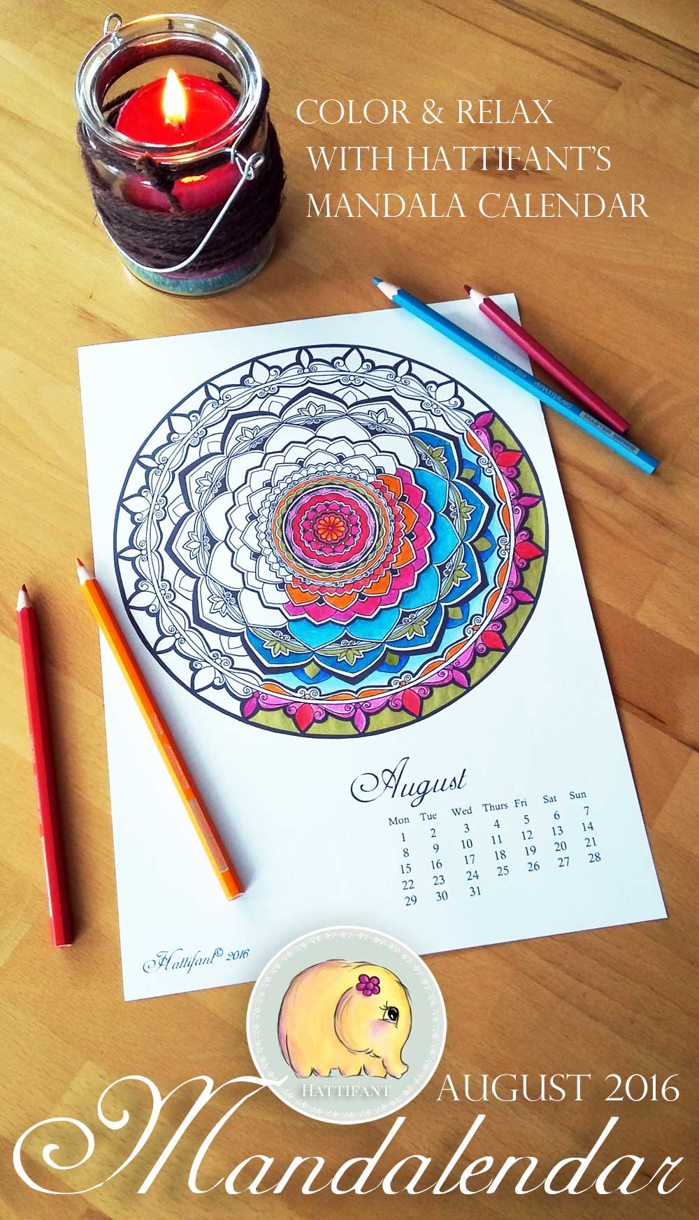 Hattifant Mandalendar Calendar Coloring Page 2016 August