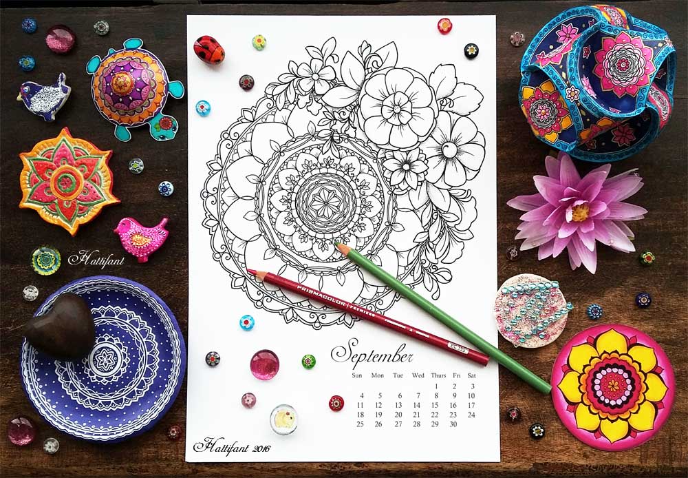 Hattifant Mandalendar Calendar Coloring Page 2016 September