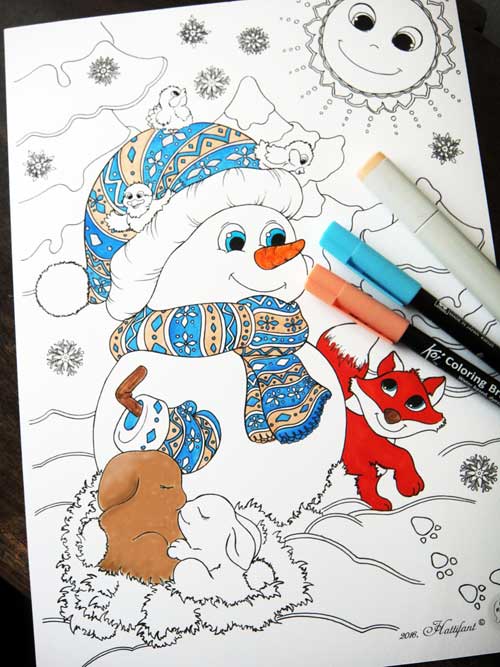 Hattifant Winter Coloring Page Snowman Fox and rabbits