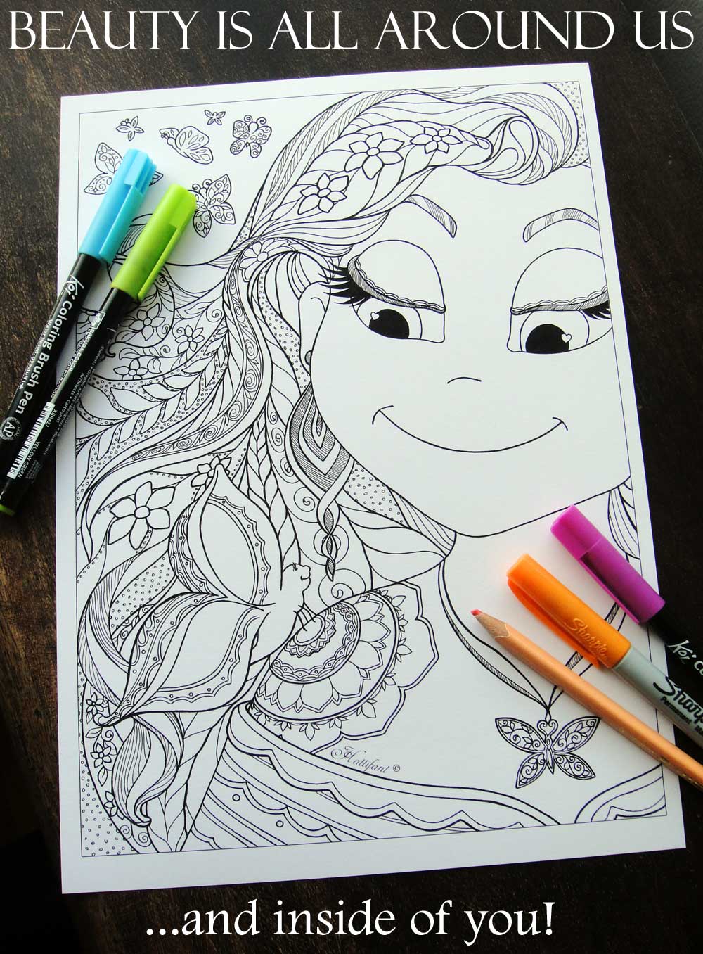 Hattifant coloring page with girl open hair and butterflies