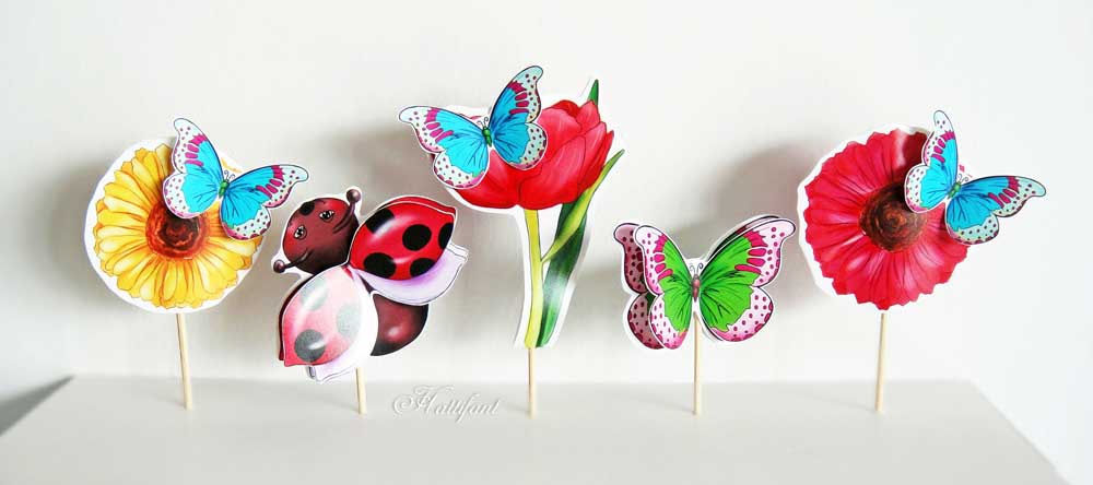 Hattifant Cupcake Toppers Spring Flowers Ladybird Butterfly