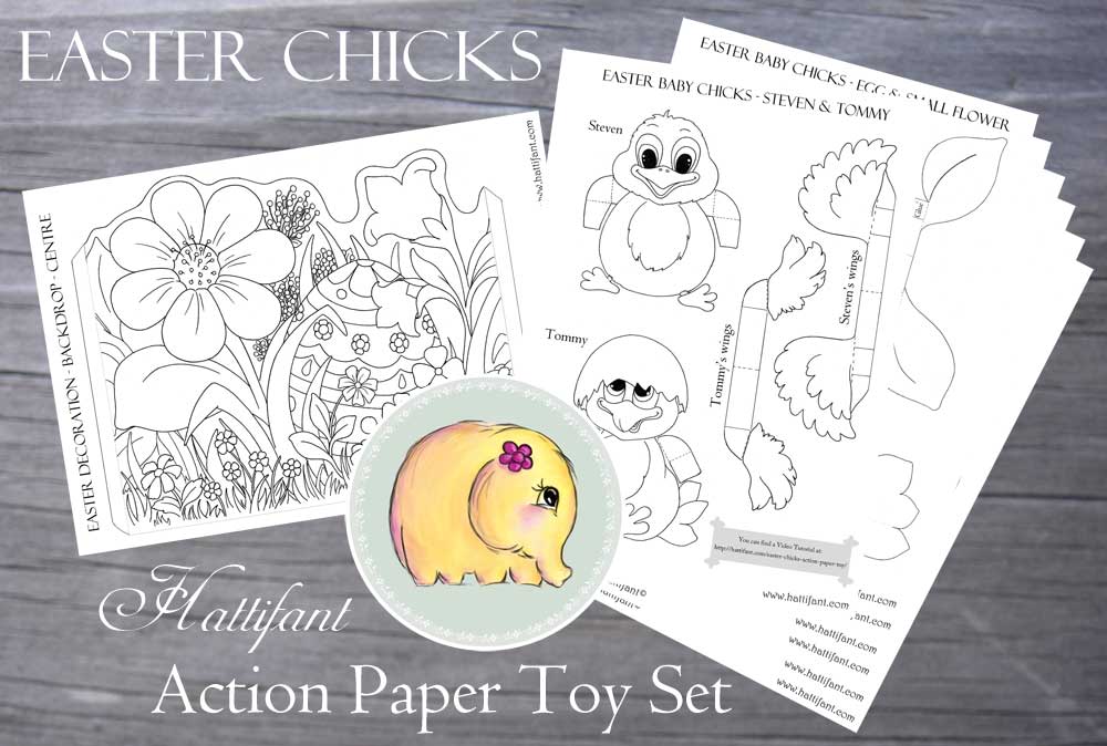 Hattifant Easter Chicks Action Paper Toy Digital Bundle Set Coloring Pages