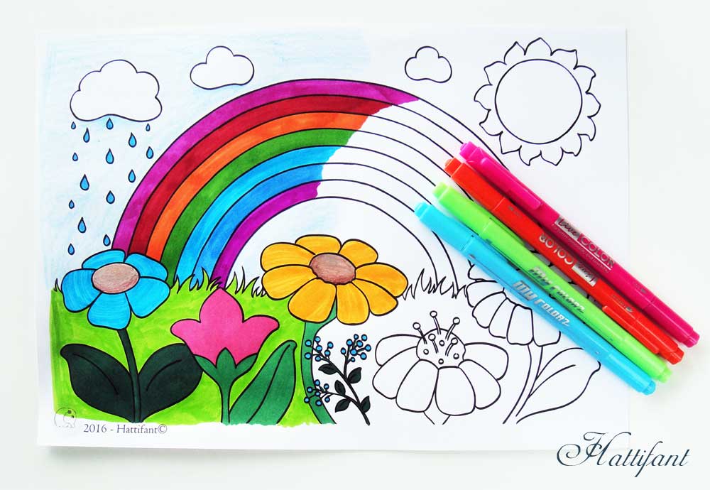 Hattifant Kids Coloring Pages for Spring with Rainbow