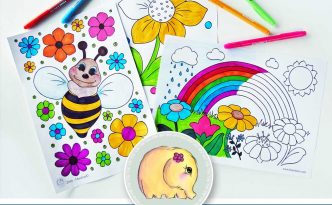 Hattifant Kids Coloring Pages for Spring with Bee Rainbow and Flower