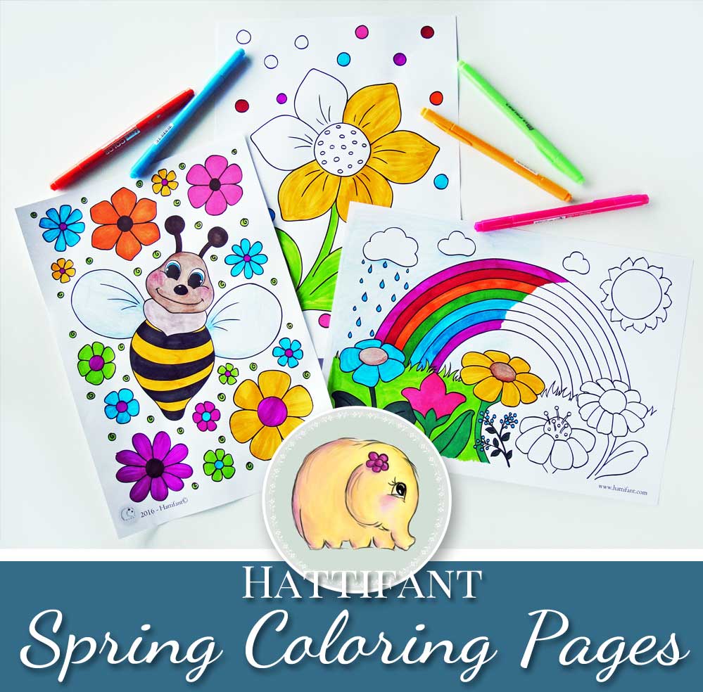 Hattifant Kids Coloring Pages for Spring with Bee Rainbow and Flower