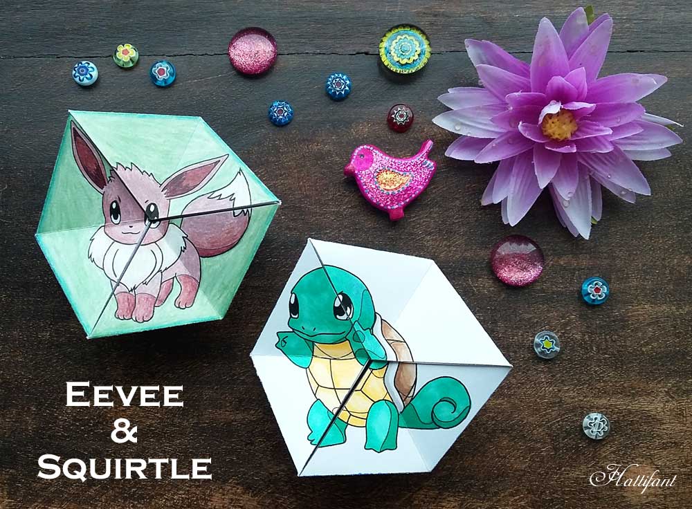 Hattifant pokemon evolution papertoy flextangle kaleidocycle coloring page free printable Eevee and Squirtle