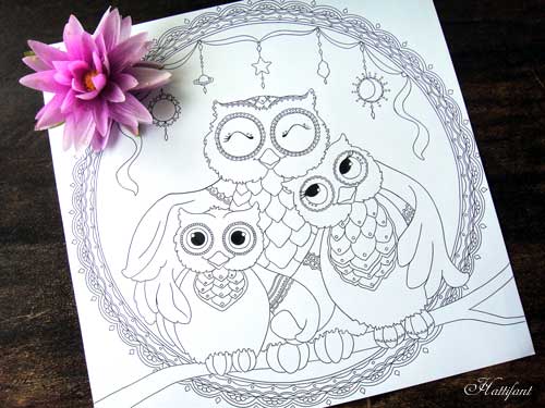 Hattifant Owl Family Love Coloring Page for adults and kids