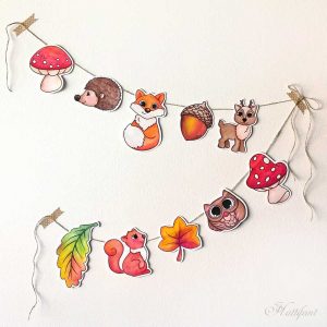 Hattifant Woodland Animal Garland Papercraft to color and in color