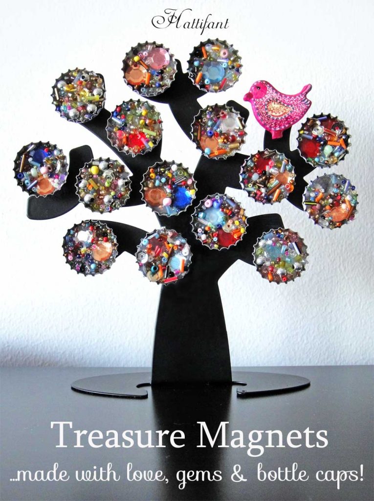 Hattifant Recycle Craft Treasure Magnets with gems and bottle caps