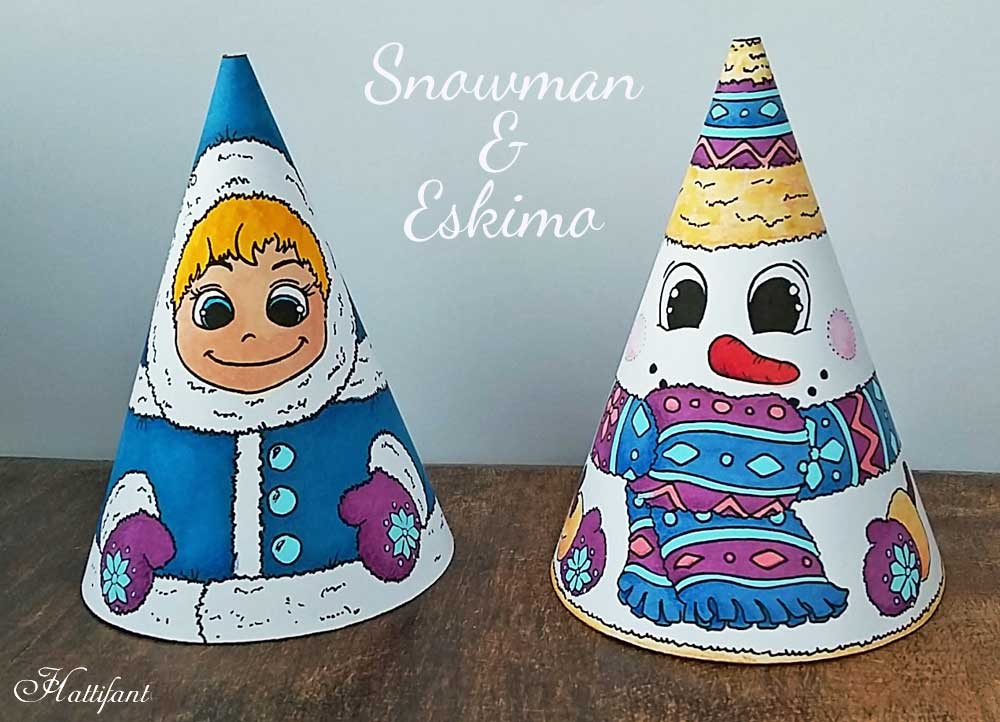 Hattifant's Winter Paper Toy Cones to Color and Craft Snowman and Eskimo Boy or Girl