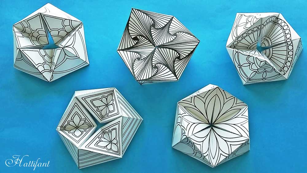 Hattifant's new series of Kaleidocycles Flextangles a mechanical papertoy to color and craft free download