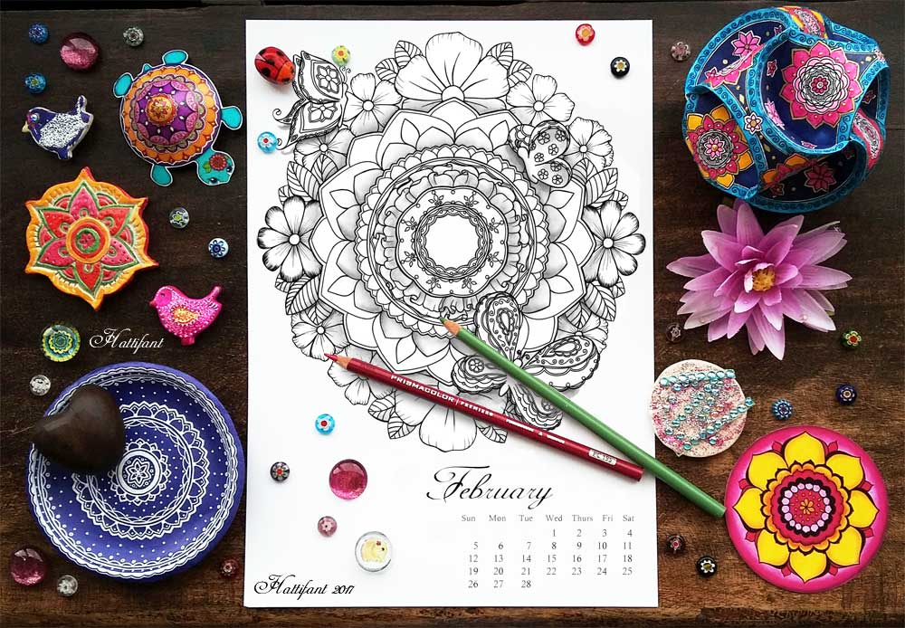 Hattifant's monthly Mandala Calendar Coloring Page the Mandalendar February