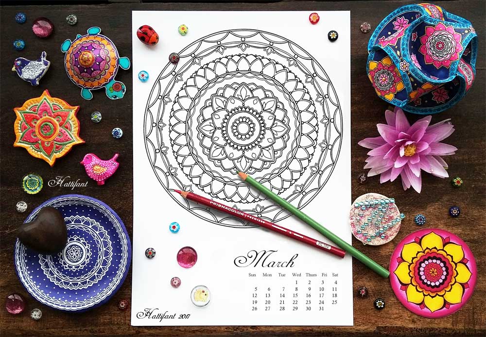Hattifant's monthly Mandala Calendar Coloring Page the Mandalendar March