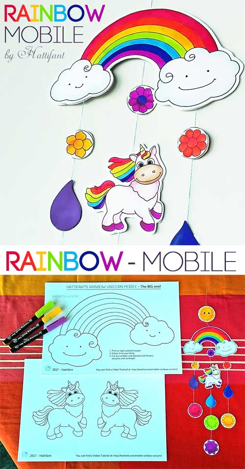 Hattifant Rainbow and Unicorn Mobile for you to Color and Craft Home Nursery Decor DIY