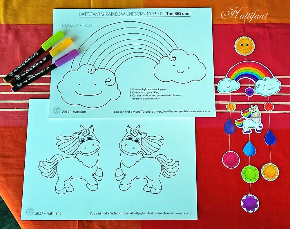 Hattifant Rainbow and Unicorn Mobile for you to Color and Craft Home Nursery Decor DIY