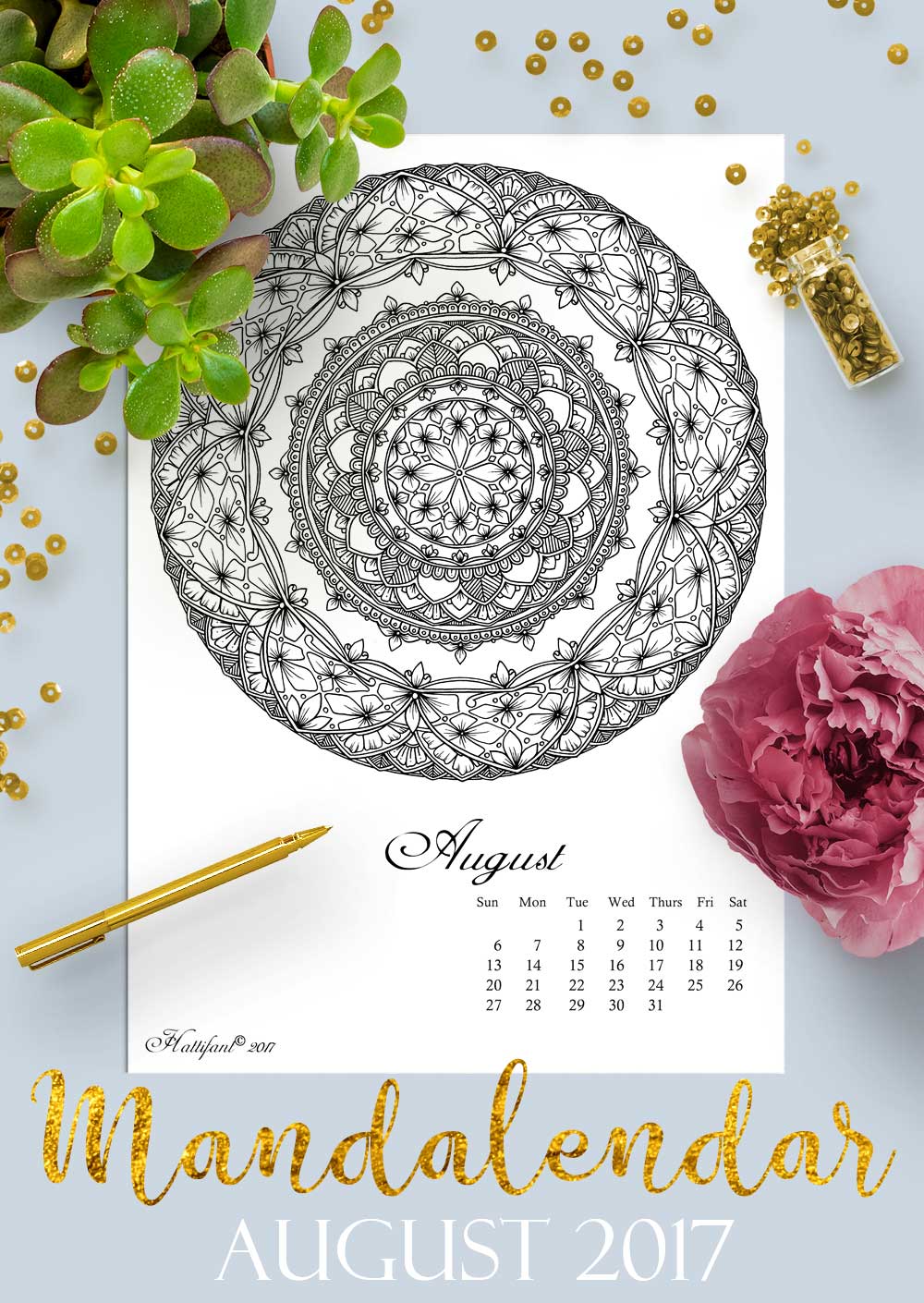 Hattifant's Mandalandar 2017 a Mandala Calendar Coloring Page to download for free during August