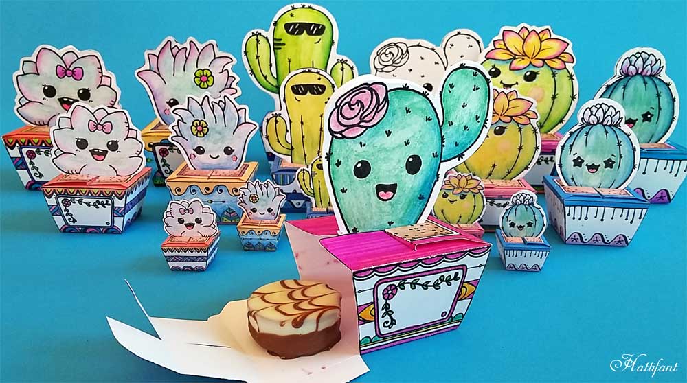 Hattifant's Succulent and Cactus Papercraft Bundle to color and DIY and use as favor box send message and collect