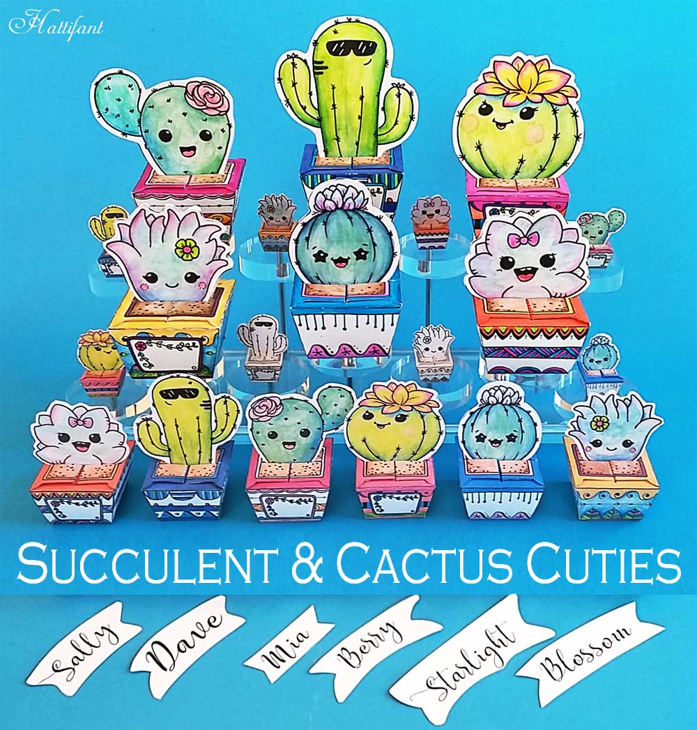 Hattifant's Succulent and Cactus Papercraft Bundle to color and DIY and use as favor box send message and collect