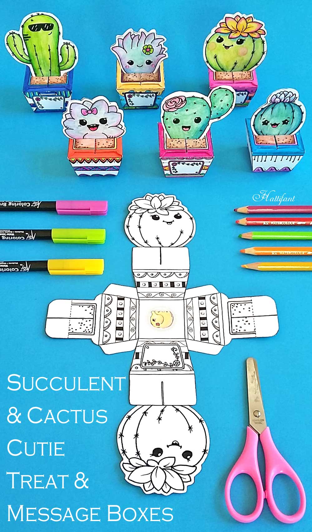 Hattifant's Succulent and Cactus Papercraft Bundle to color and DIY and use as favor box send message and collect