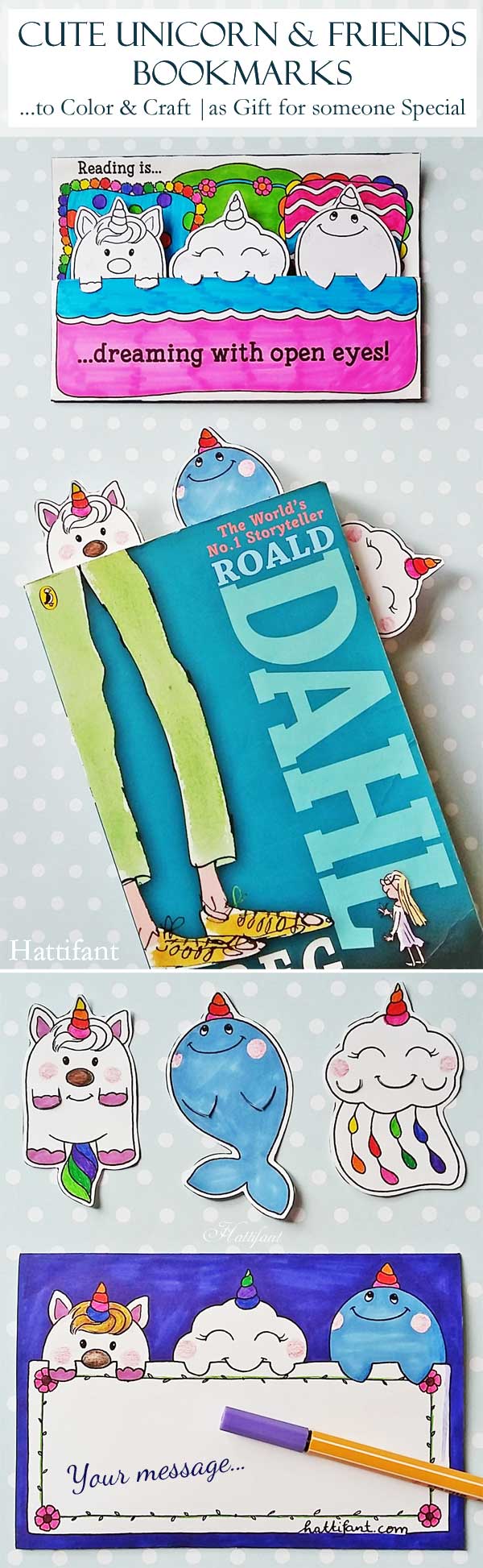 Hattifant's cute unicorn whale and cloud bookmarks coloring papercraft to DIY