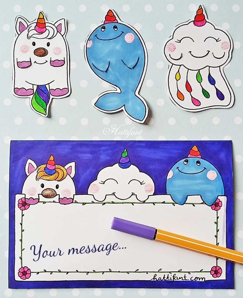 Hattifant's cute unicorn whale and cloud bookmarks coloring papercraft to DIY