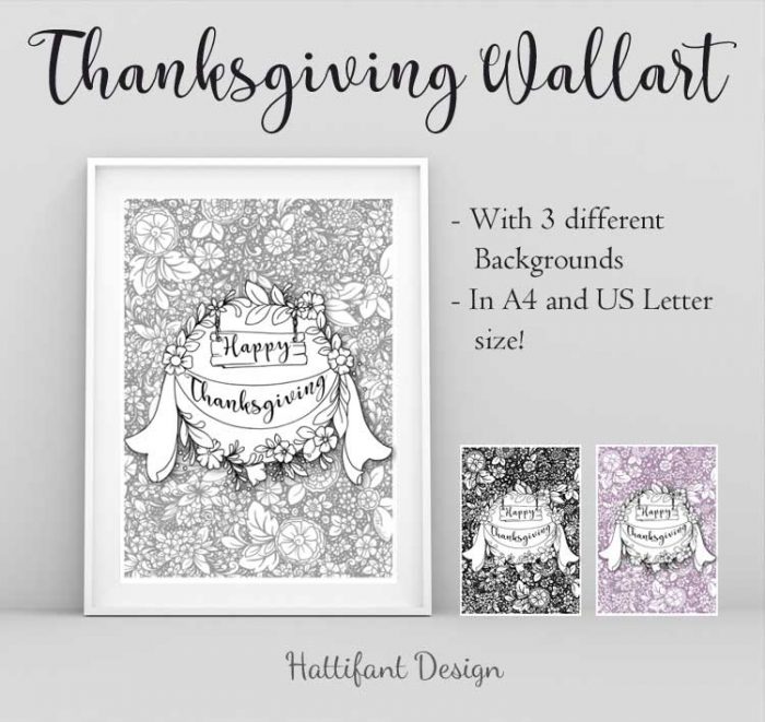 Hattifant's Thanksgiving Table Decoration Flower Doodle Cat Printables Wall Art