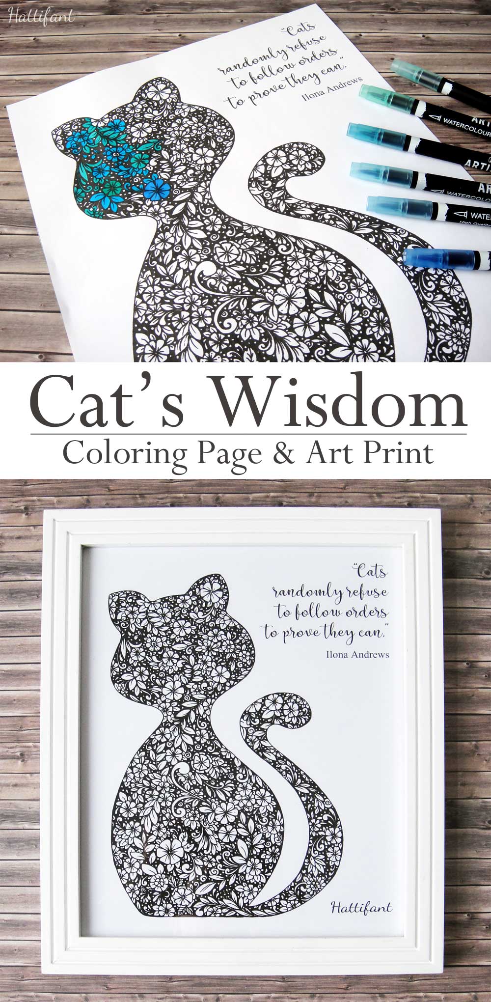 Wisdom Cat Coloring Page & Art Print - Hattifant