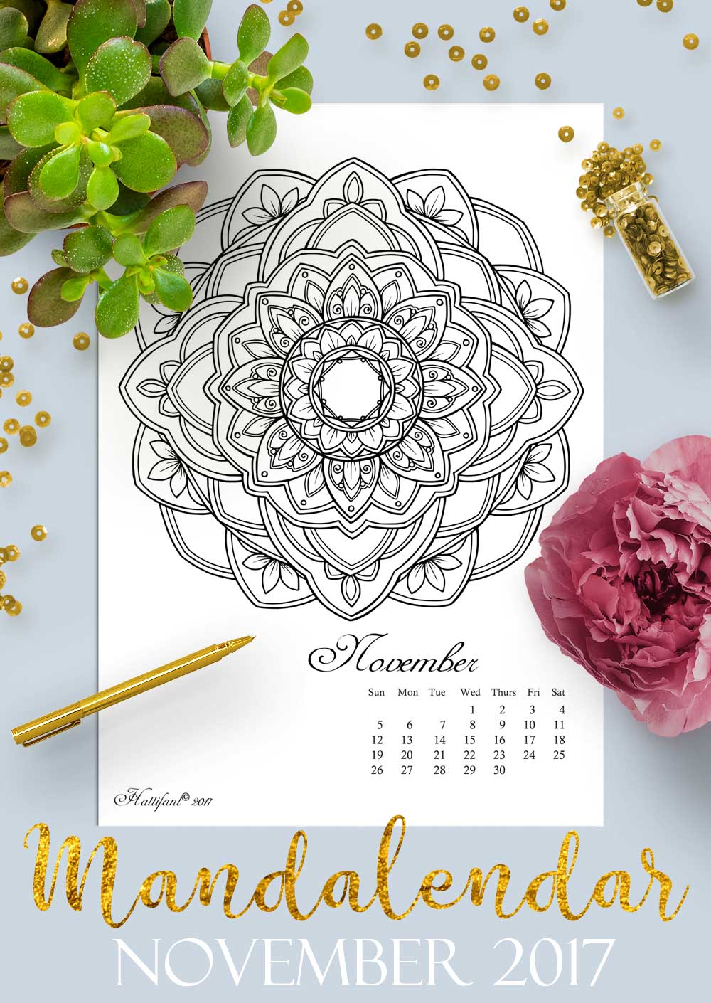 Hattifant's Mandalandar 2017 a Mandala Calendar Coloring Page to download for free during November
