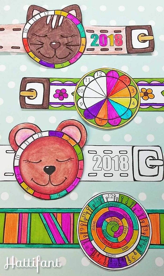 Hattifant's New Year Countdown Wristwatch Papercraft to color in 2018