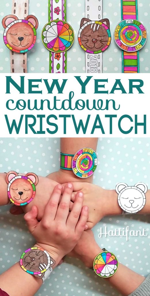 Hattifant's New Year Countdown Wristwatch Papercraft to color in 2018