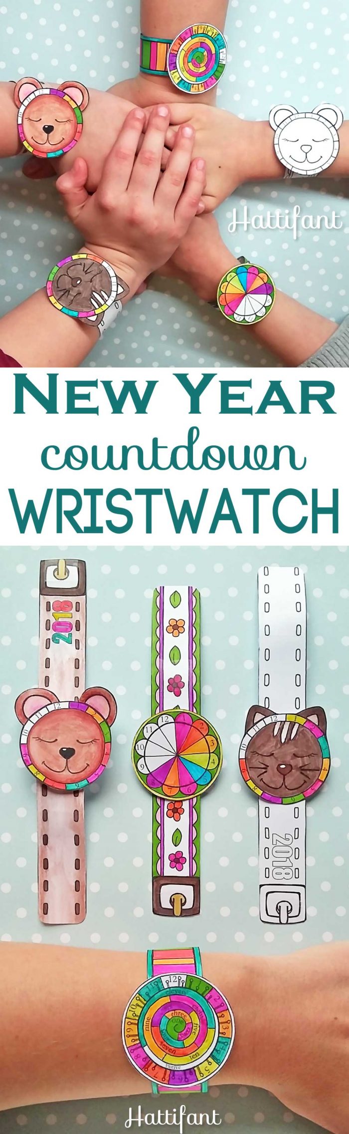 Hattifant's New Year Countdown Wristwatch Papercraft to color in 2018