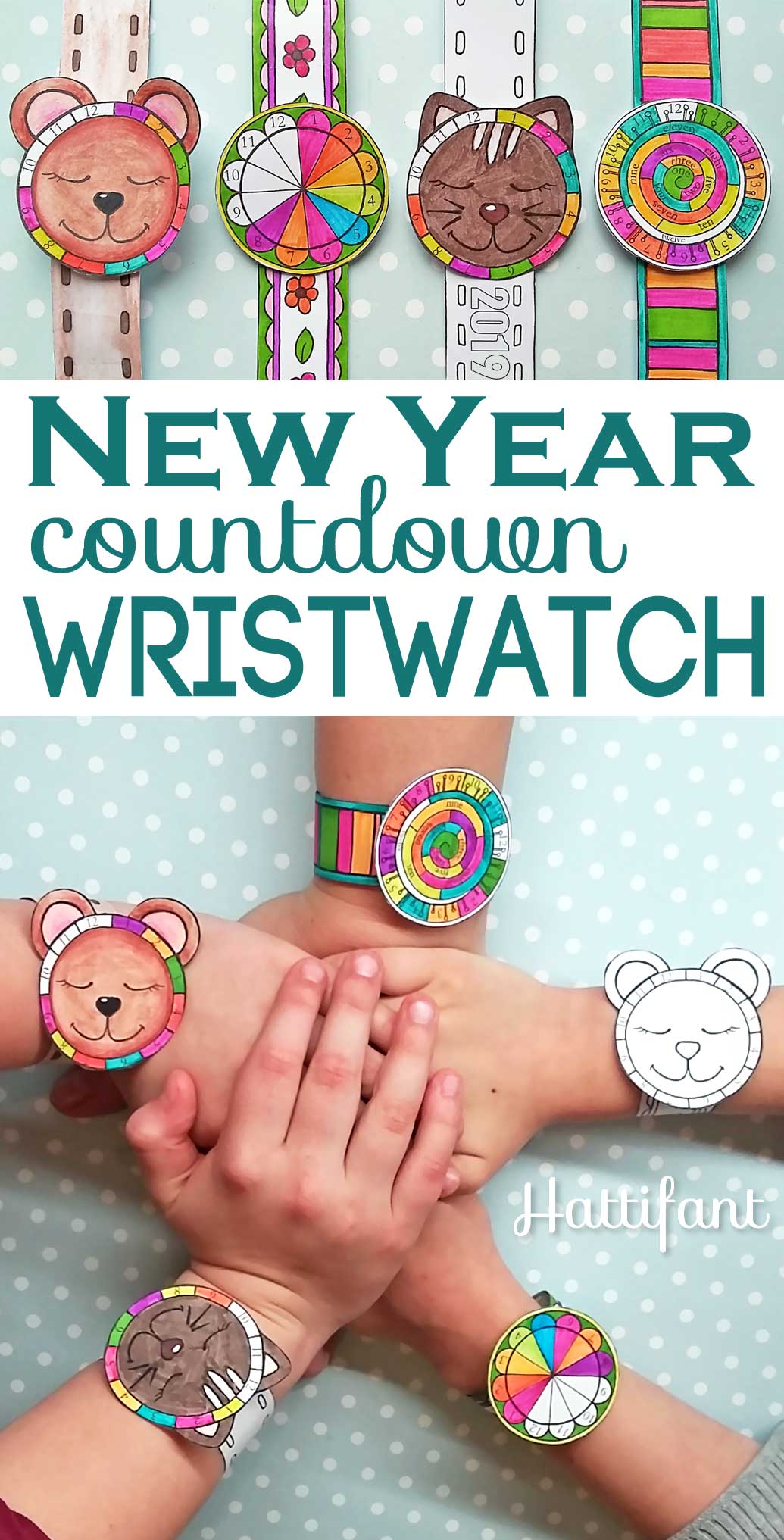 Hattifant's New Year Countdown Wristwatch Papercraft to color in 2019