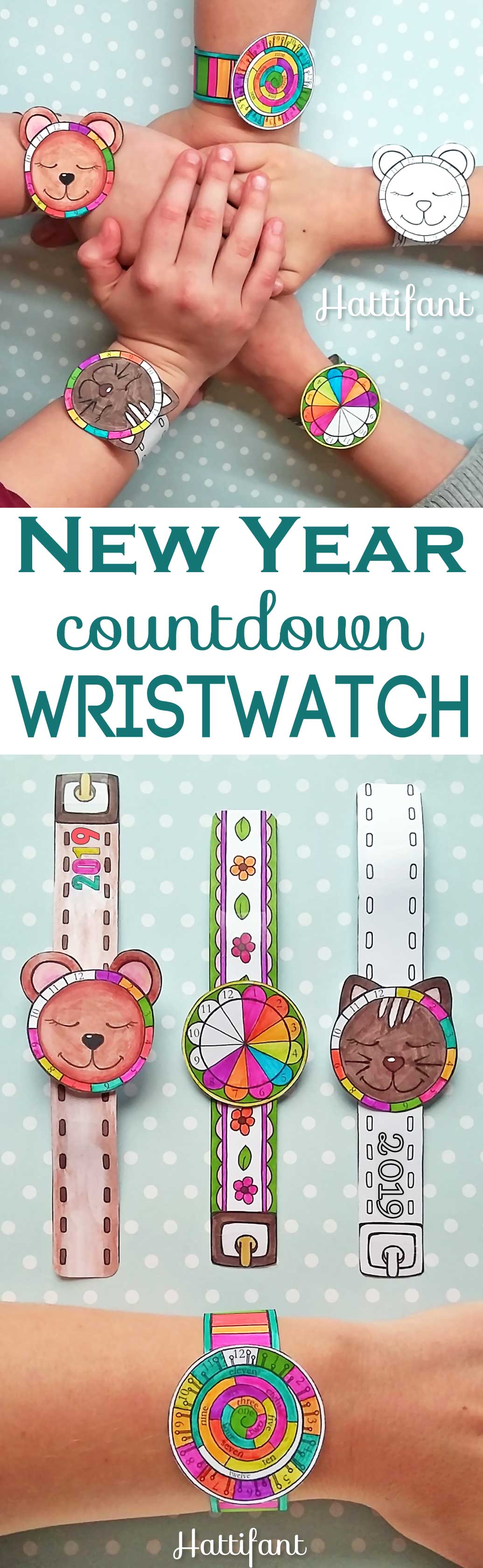 Hattifant's New Year Countdown Wristwatch Papercraft to color in 2019