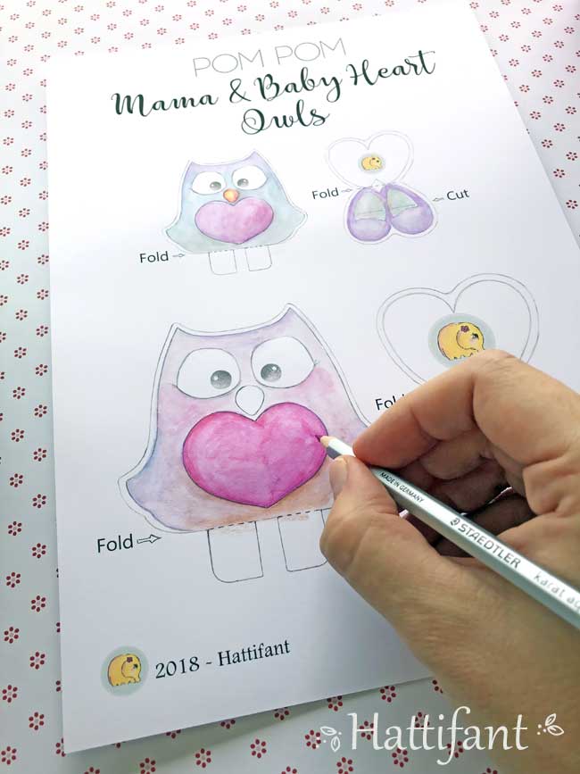 Hattifant's Pom Pom Mama & Baby Owls Paper Craft coloring