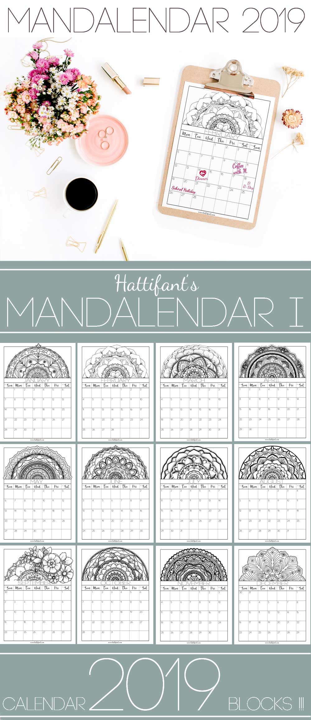 Hattifant's Mandalendar 2019 a Mandala Calendar to Color Block 1