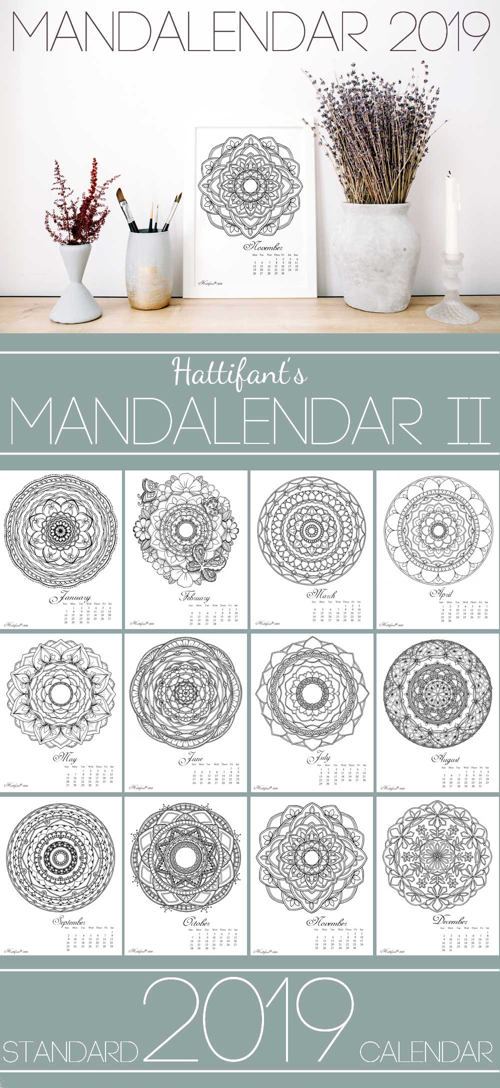 Hattifant's Mandalendar 2019 a Mandala Calendar to Color Standard 2